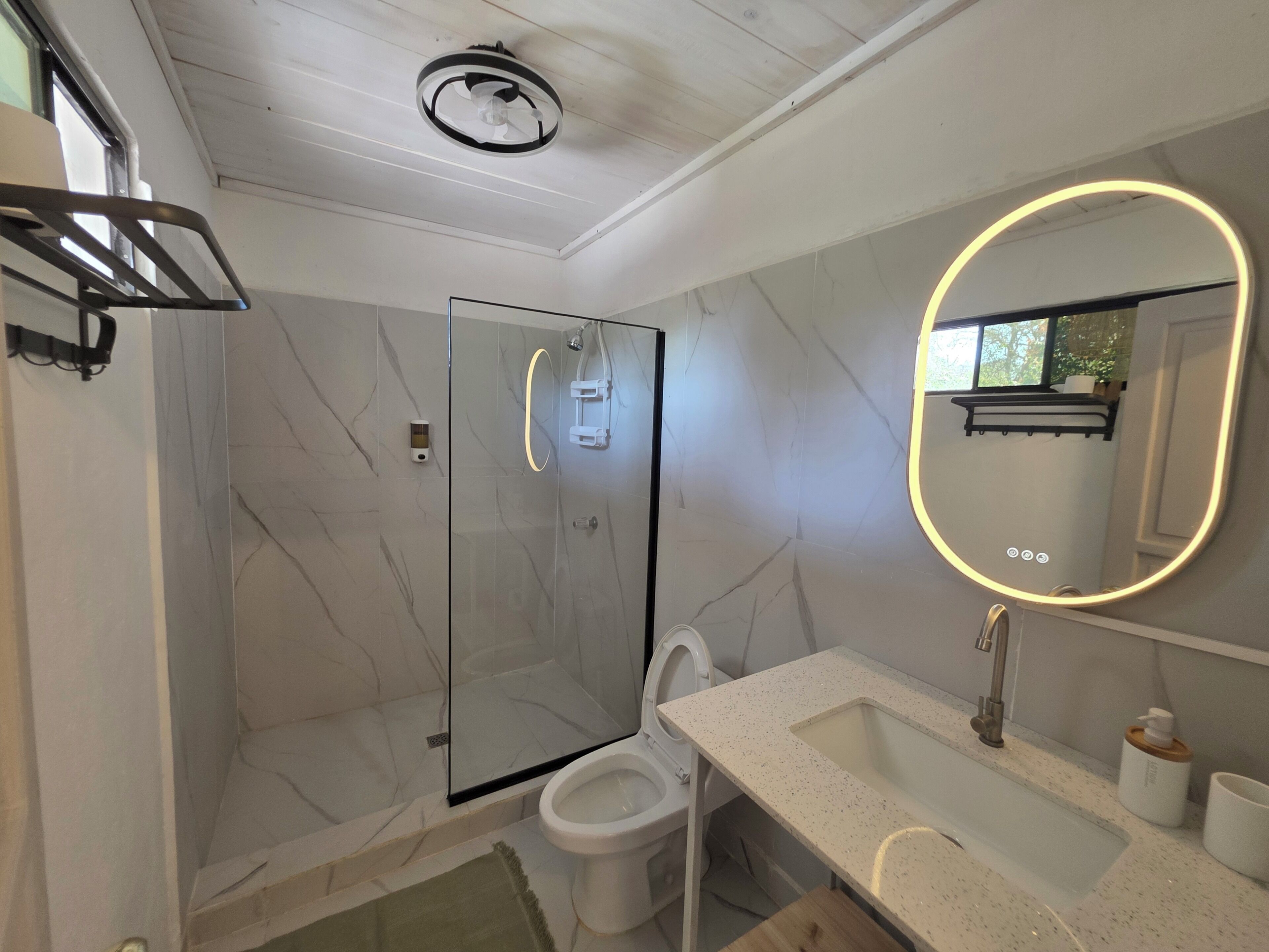 Een moderne badkamer met een douchecabine van glas, een toilet, een wastafel met spiegel en een plafondventilator.