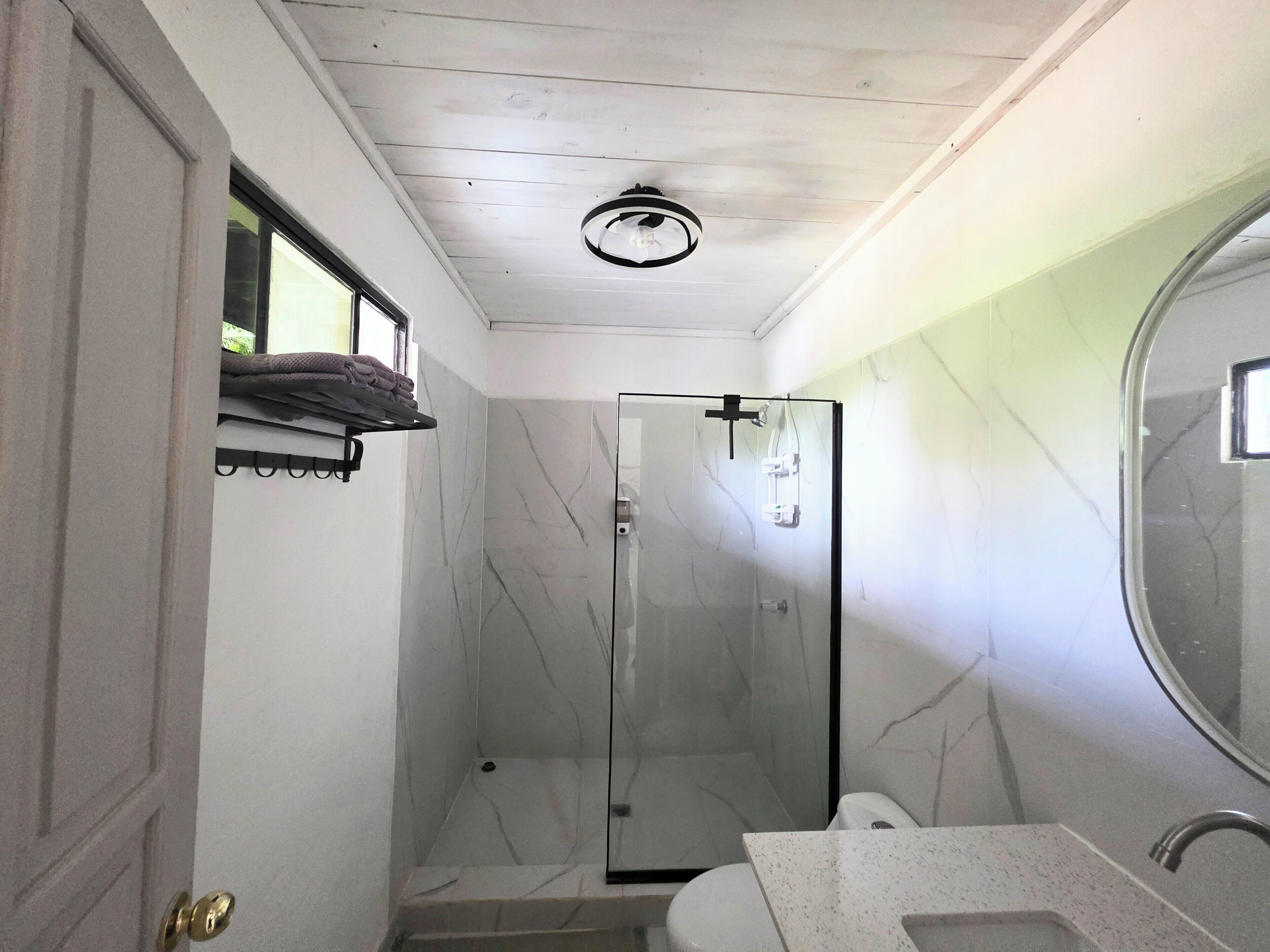 A bathroom with a glass shower enclosure, a toilet, and a sink.