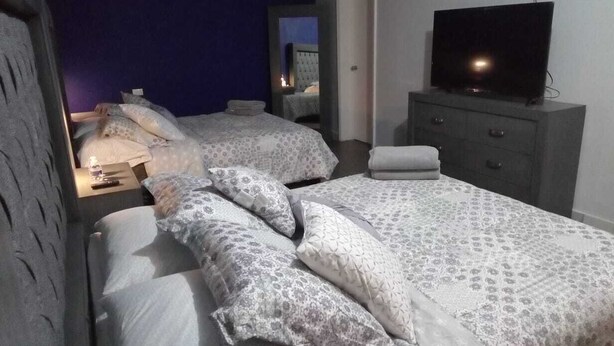 Een slaapkamer met twee bedden, een televisie op een dressoir en een nachtkastje met een lamp.