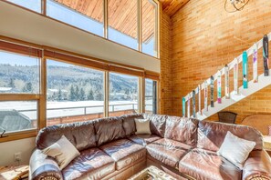 TV, fireplace, books