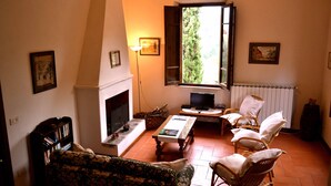 Ein Wohnzimmer mit Kamin, Fernseher und einem Fenster mit geöffnetem Klappladen.