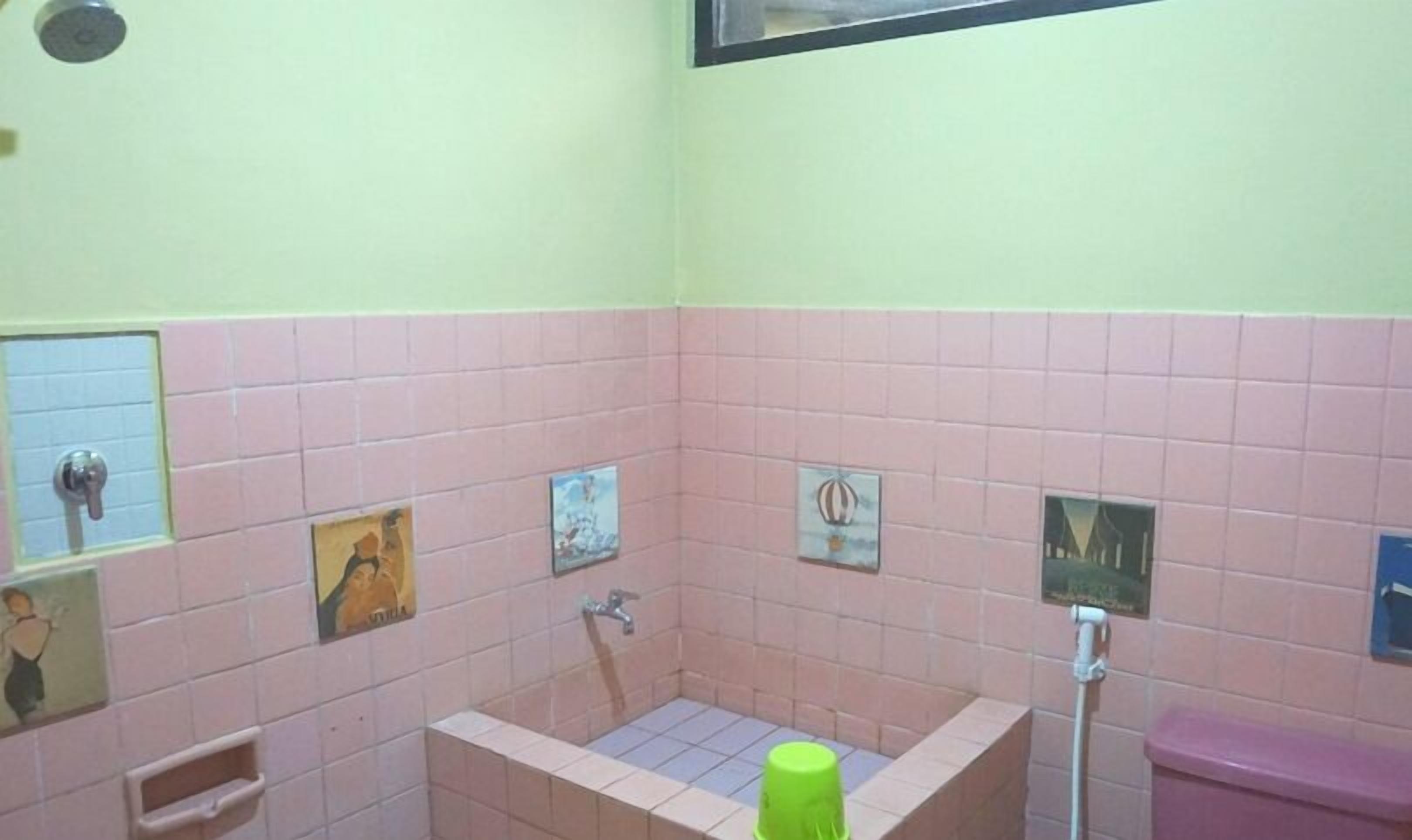 Une petite salle de bain avec des carreaux roses, une douche et des toilettes.