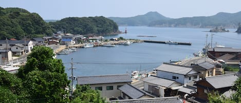 Un pueblo costero con edificios tradicionales, un puerto deportivo y barcos.