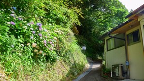 A pathway leading to a building with a sign indicating a room number. - Hanareya (Tsushima)