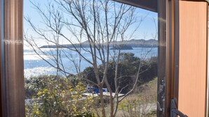 Une vue à travers une fenêtre, avec des arbres sans feuilles et une étendue d’eau, peut-être un lac, et des reliefs lointains.