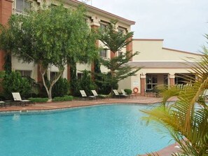 Una piscina con sillas de descanso y palmeras.