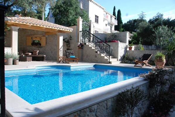 A heated pool, pool loungers