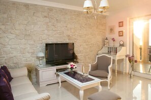 TV, fireplace, books
