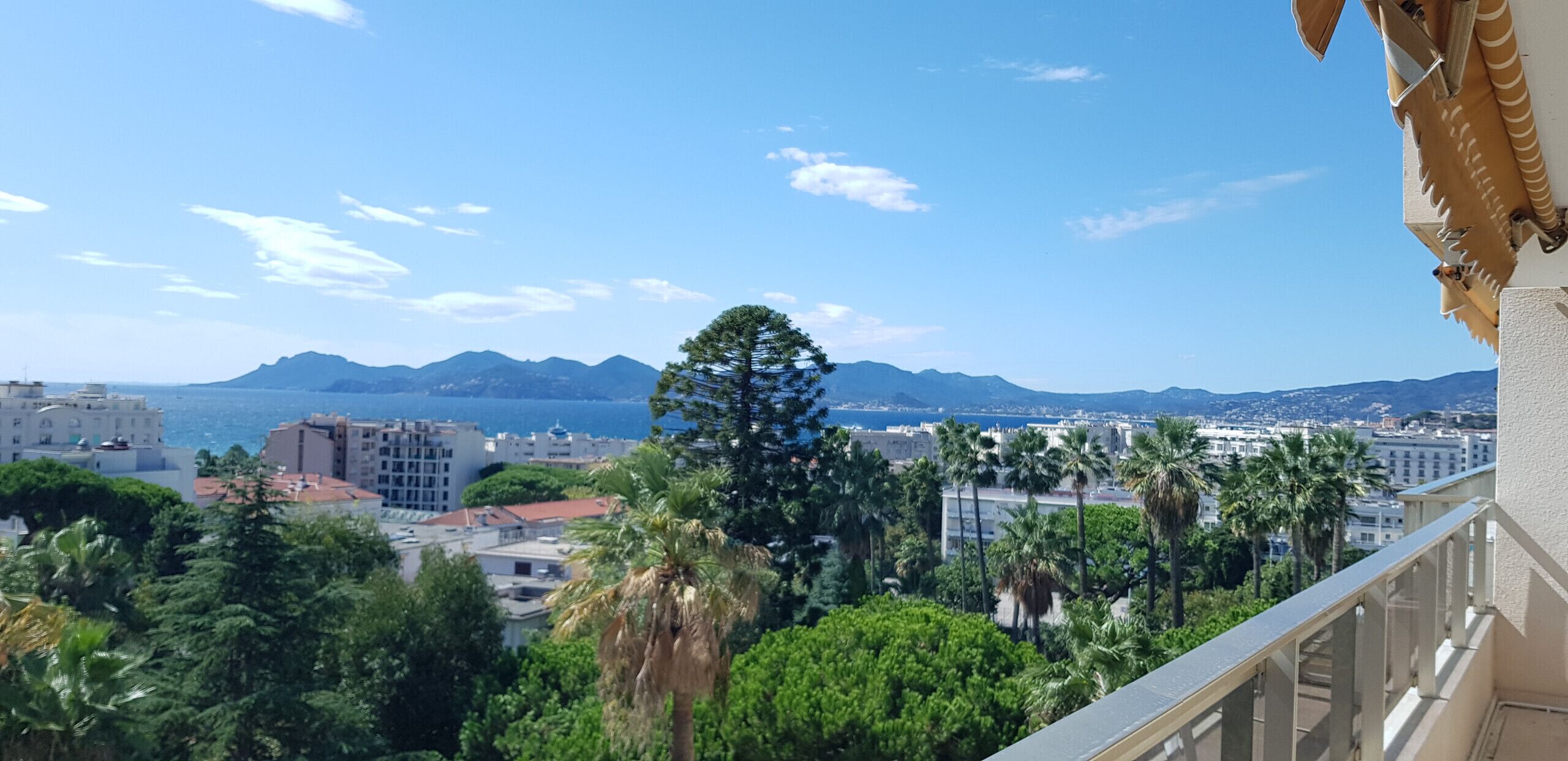 Un balcon offrant une vue sur un paysage urbain côtier, avec des bâtiments, des palmiers et des montagnes à l’horizon.