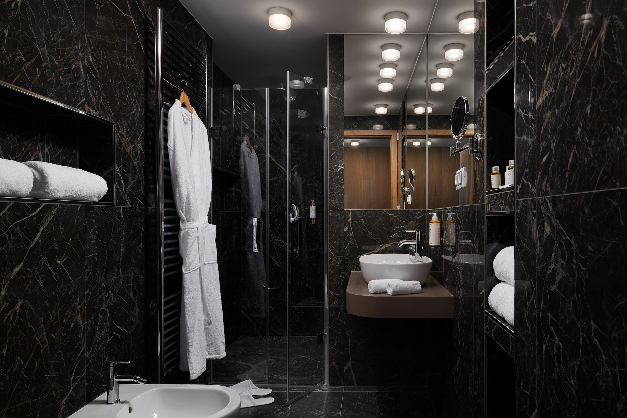 free toiletries, hair dryer, bathrobes, slippers