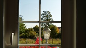 Une fenêtre donnant sur un jardin et un lampadaire situé à l’extérieur.