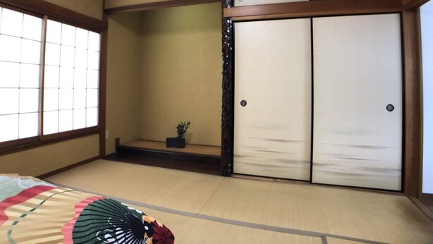 A traditional Japanese room with tatami flooring, sliding doors, and a small potted plant. - Not Ninja Osaka Hirano 1 (Osaka)