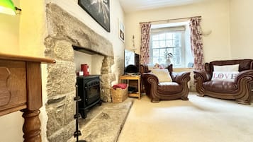 Smart TV, fireplace, books, stereo