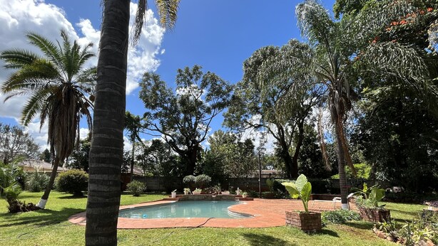 A backyard with a swimming pool, surrounded by well-maintained grass and various trees.