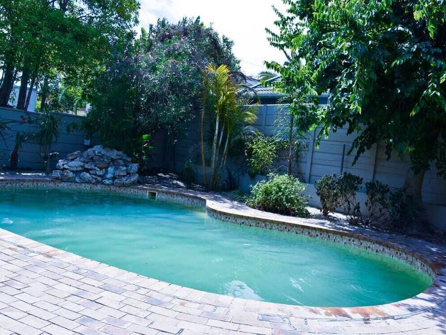 A swimming pool with a curved edge, surrounded by a stone wall and various plants.