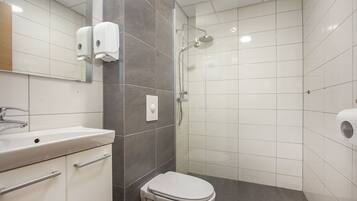 Shower, towels, toilet paper