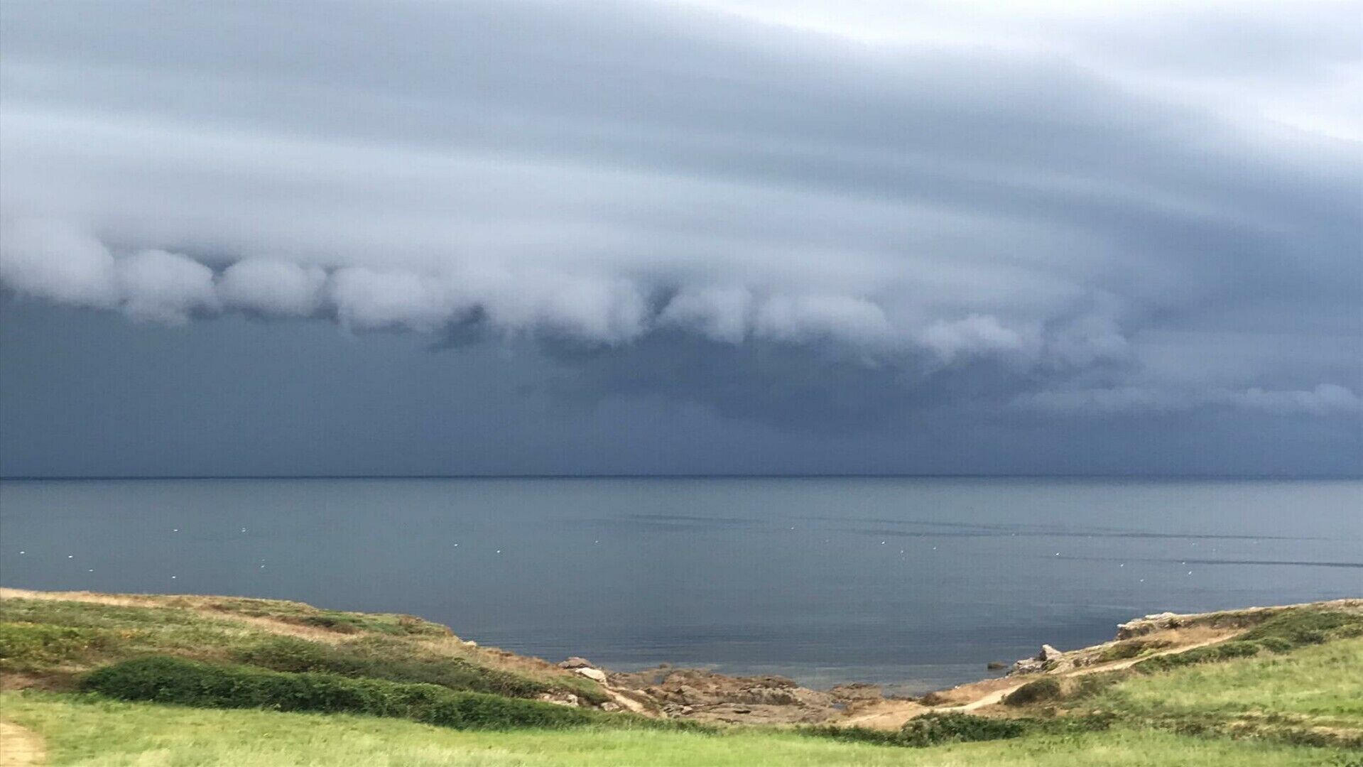 Eine Küstenlandschaft mit Blick auf das Meer und bewölktem Himmel.