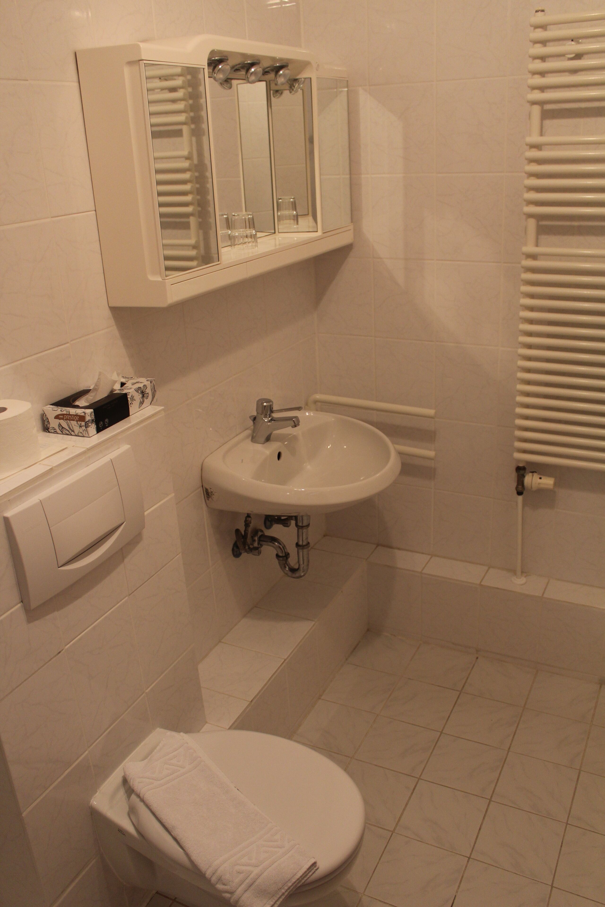 Ein Badezimmer mit Toilette, Waschbecken und Spiegel.