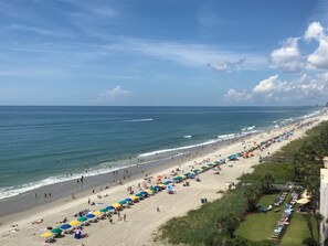 A beach with rows of colorful umbrellas and chairs, a clear sky, and the ocean. - Starfish Bay- Romantic Oceanfront couples suite- NEW LISTING (Myrtle Beach)