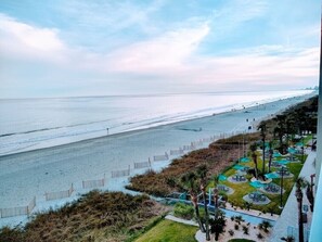 On the beach, sun loungers