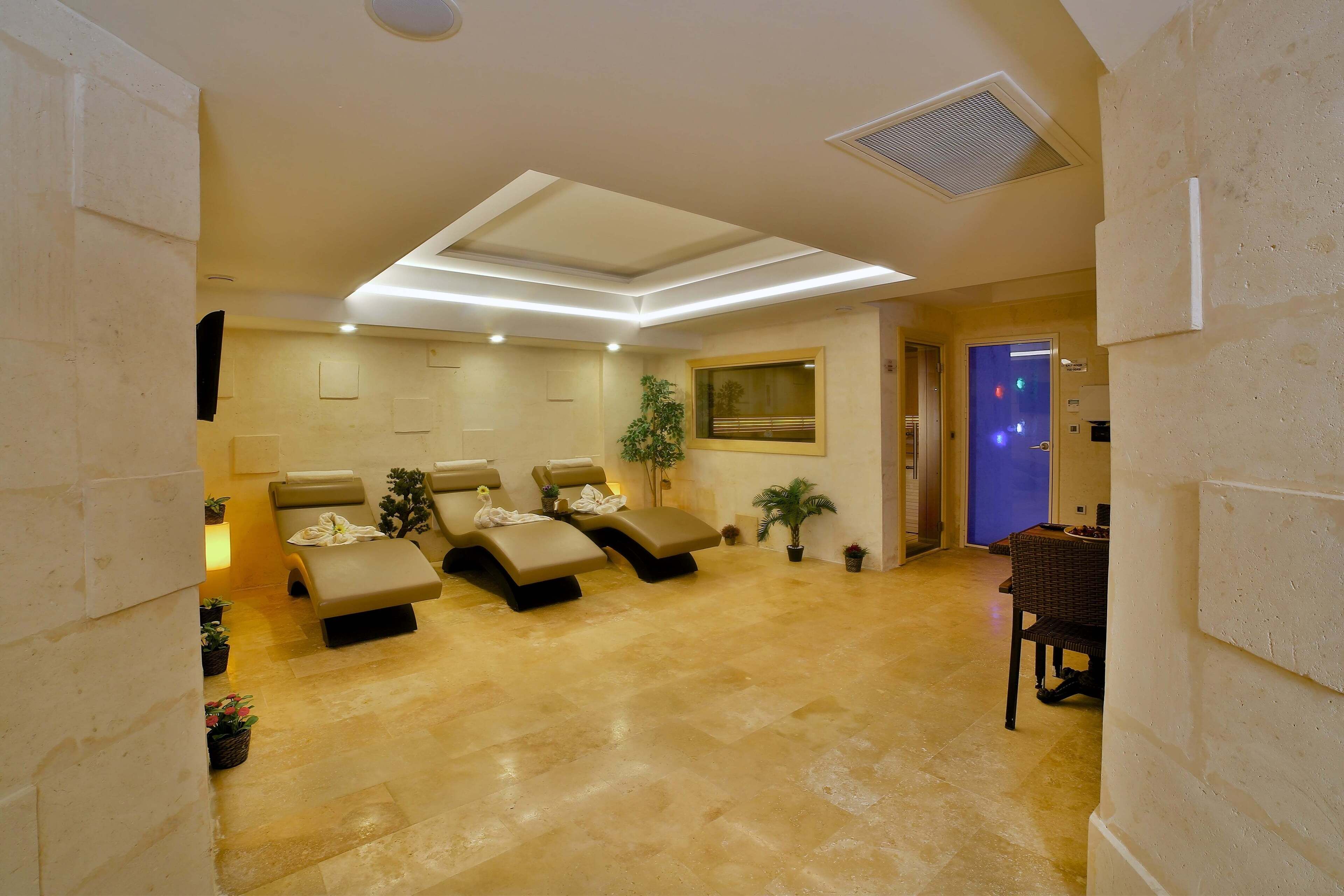 A spa room with three reclining chairs, a small table, and a potted plant.