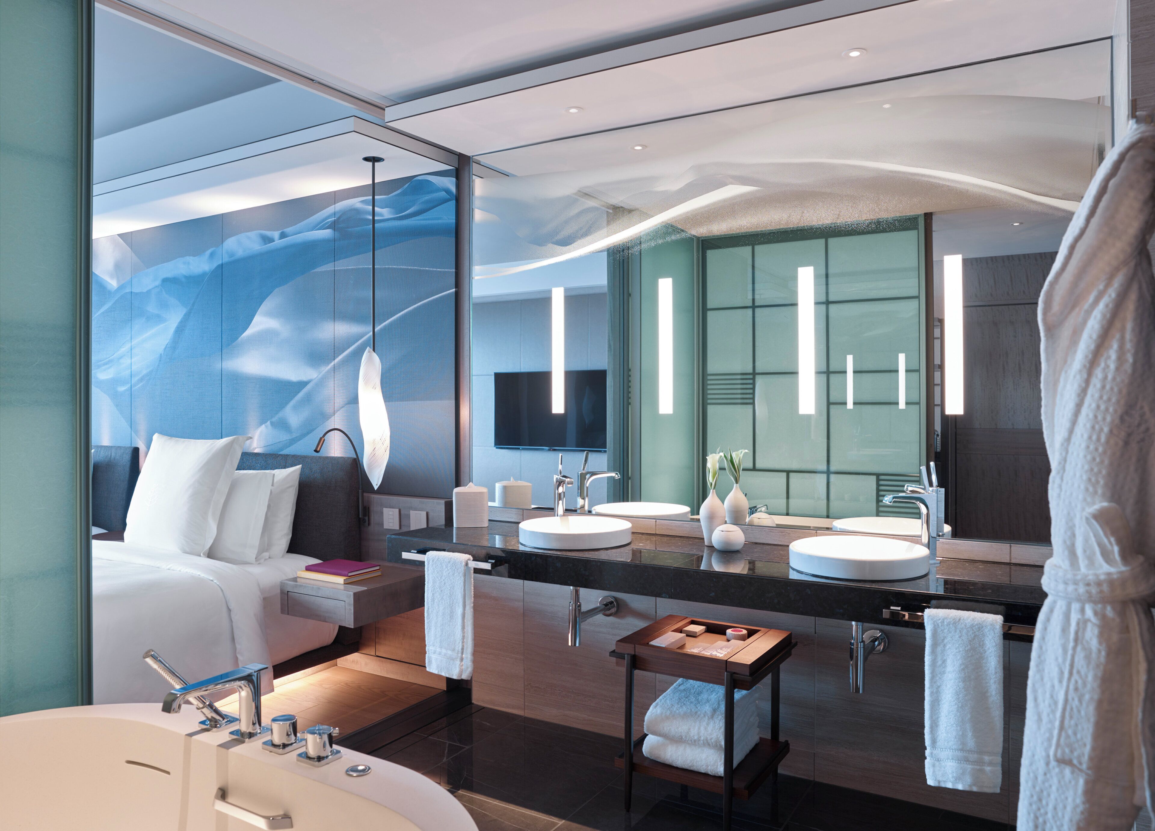 separate bathtub and shower, deep-soaking bathtub, rainfall showerhead