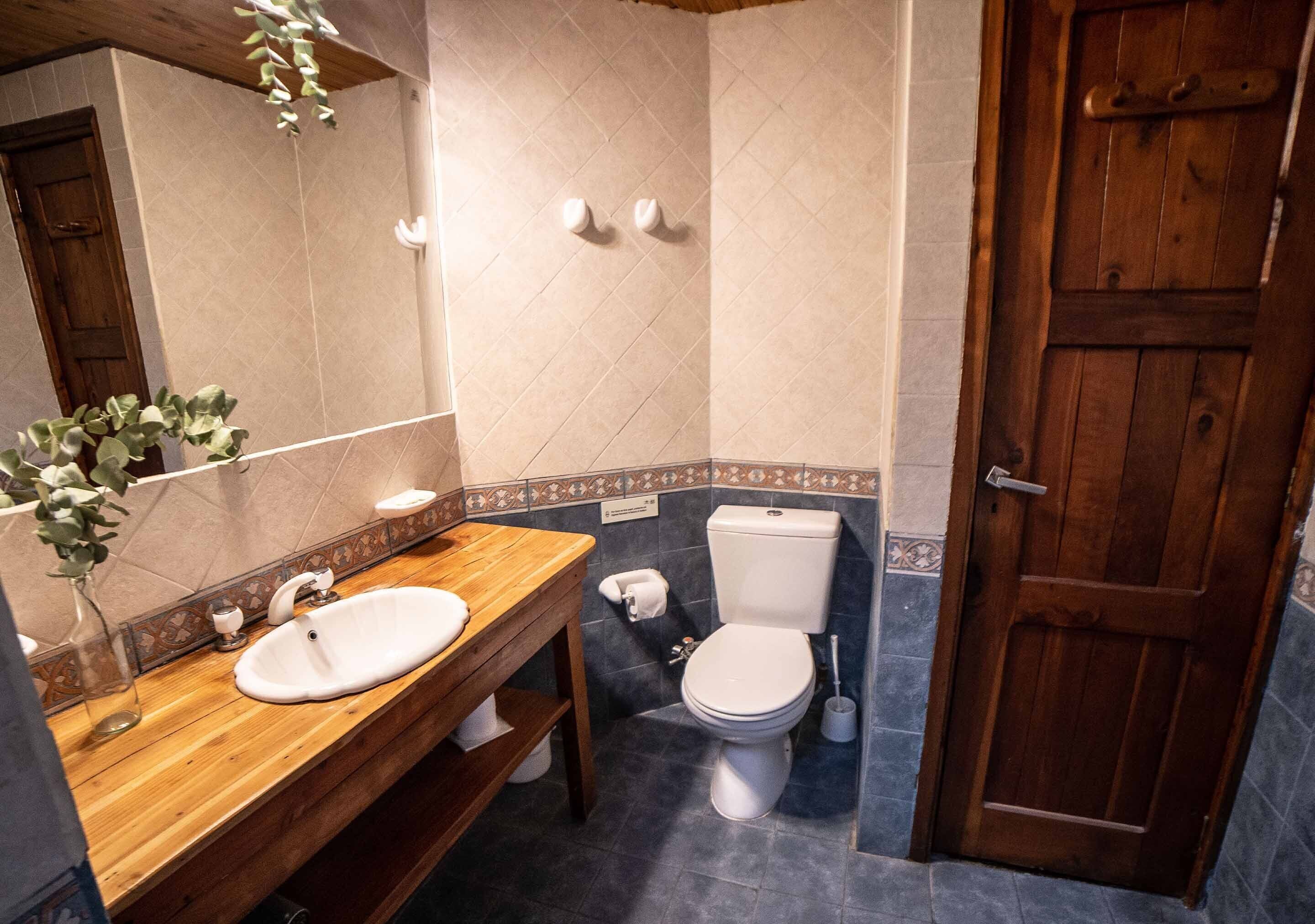 A bathroom with a wooden vanity, a white sink, a toilet, and a wooden door.