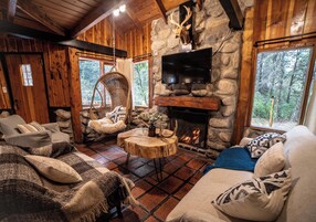 Family Cabin (CABAÑA LA RUMA) | Living area | 32-inch LCD TV with satellite channels, TV, fireplace