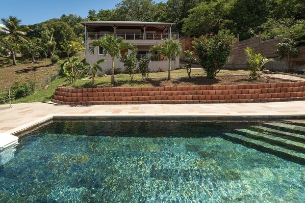 Une piscine à l’eau claire, bordée d’une murette en briques et entourée d’un petit jardin agrémenté de palmiers et d’arbustes.