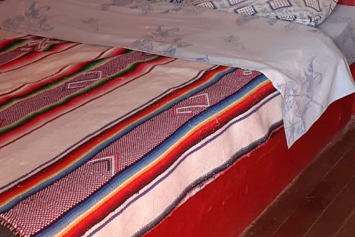 A bed with a red headboard and patterned bedding.