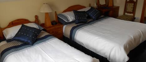 Two single beds with white and blue bedding, wooden headboards, and bedside tables with lamps.
