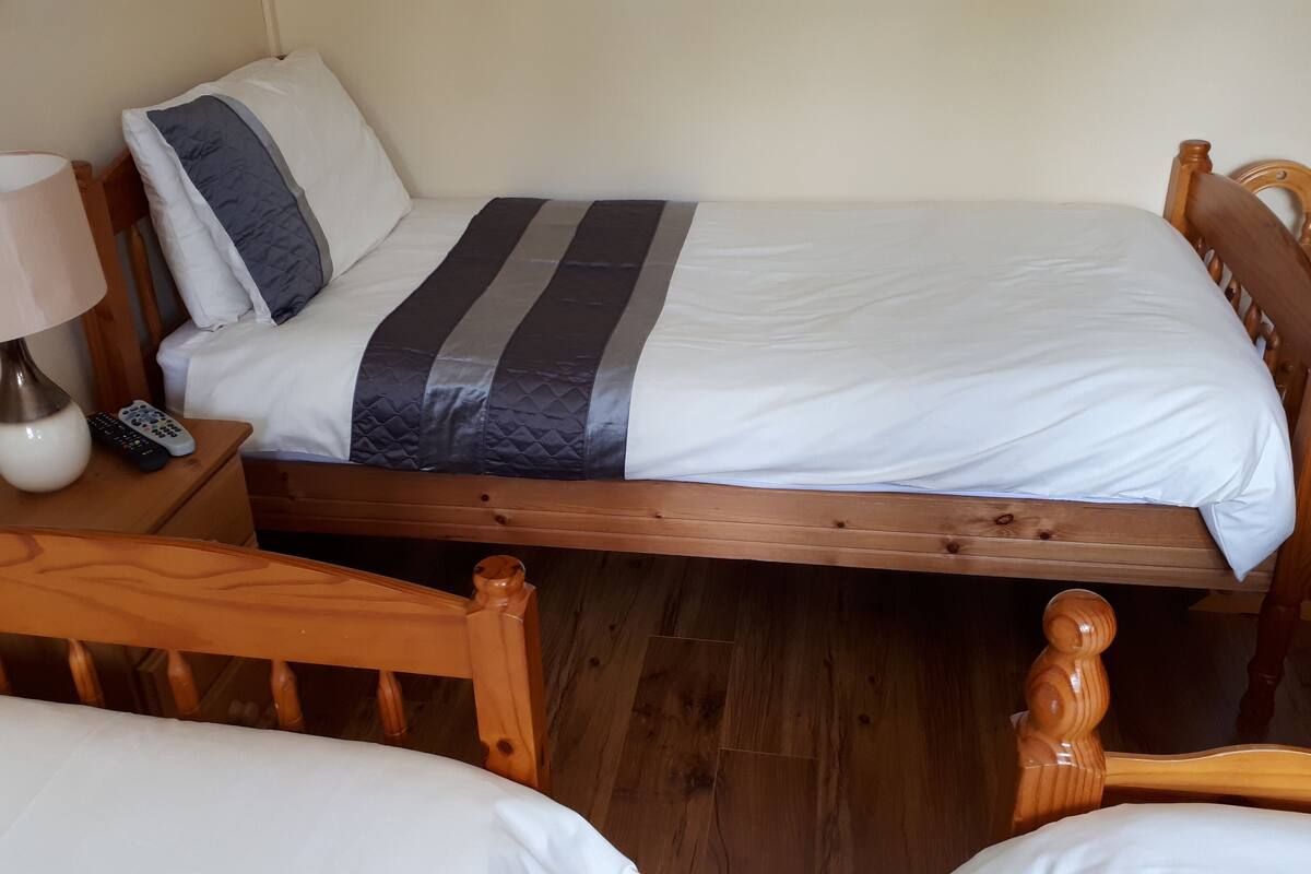 Ein Einzelbett mit Holzbettgestell, ein Nachttisch mit Lampe und einer Fernbedienung.