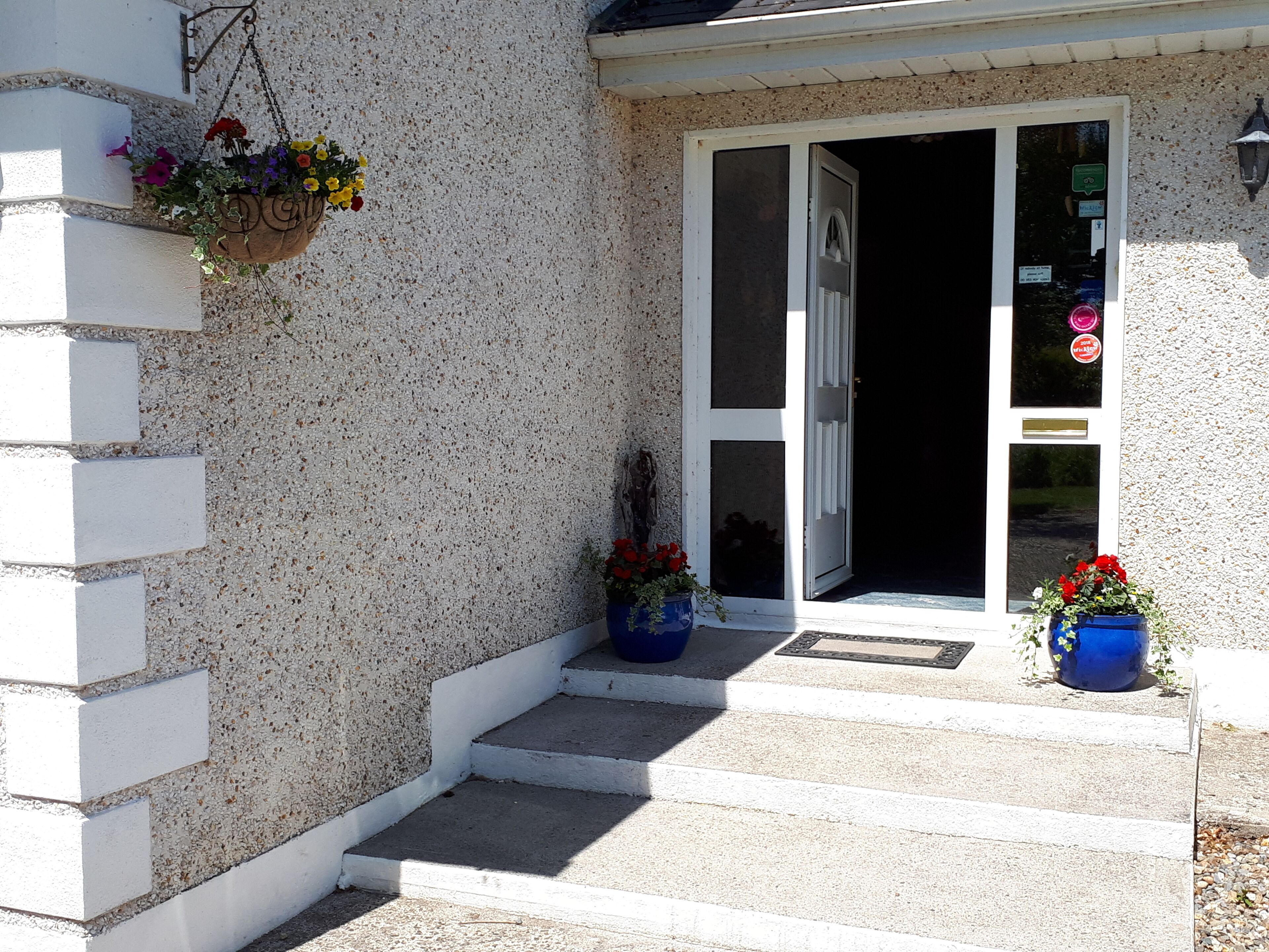 A building entrance with a concrete staircase leading up to a door with a glass panel. There are flower pots on the steps and a hanging flower basket on the wall.
