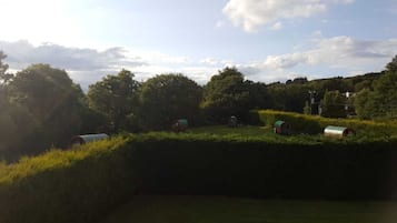 Paisaje rural con colinas onduladas, árboles y cielo despejado.