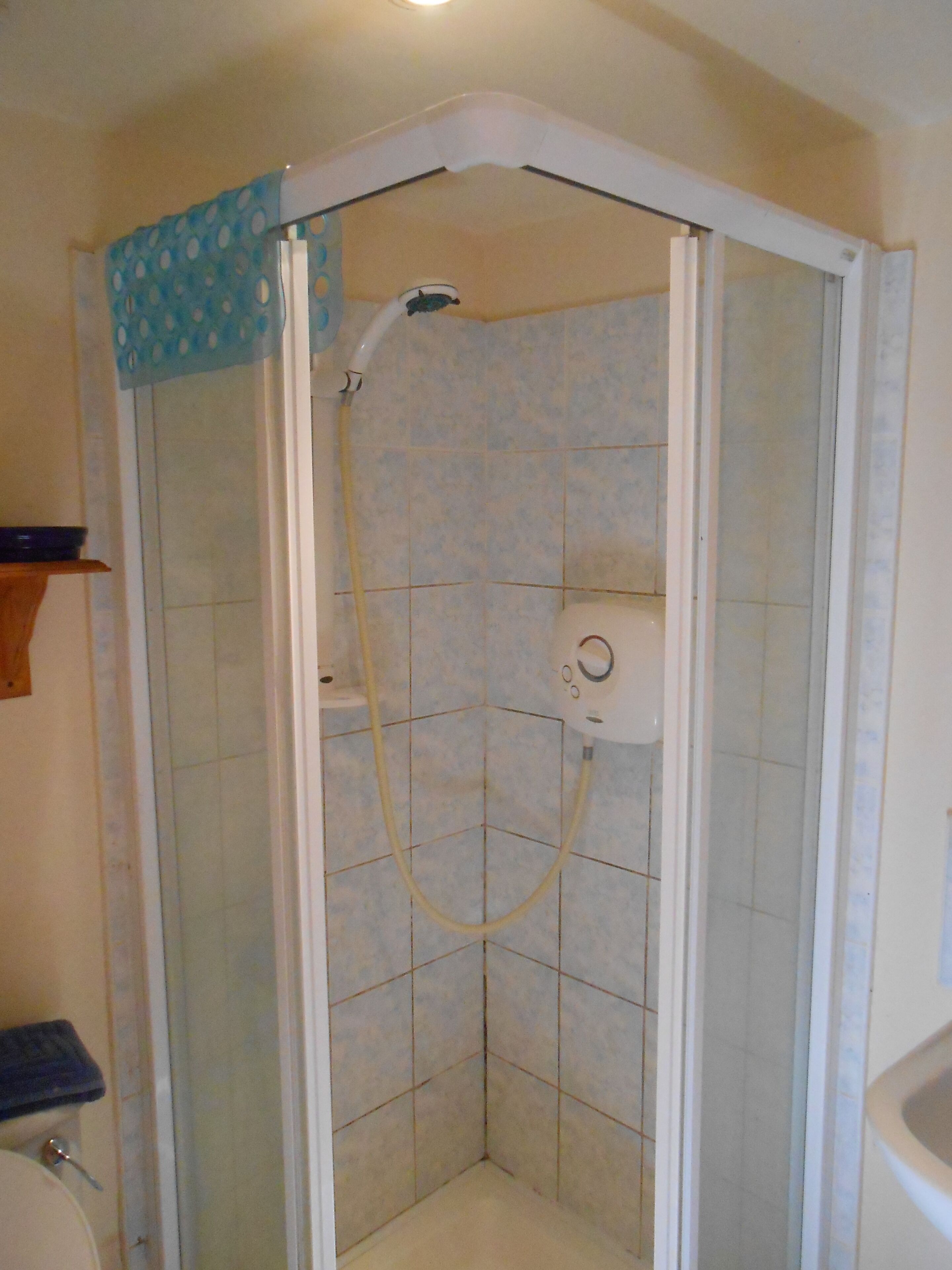 A shower enclosure with a glass door, a handheld showerhead, and a control panel.