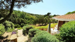 Ein Garten mit einem Kiesweg, der zu einem weißen Tisch und Stühlen führt, umgeben von üppigem Grün und Bäumen.