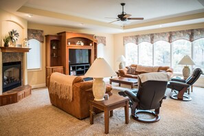 Smart TV, fireplace, DVD player, video library