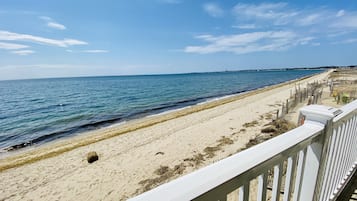 On the beach, sun-loungers, beach towels