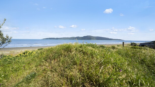 A grassy area with a view of the beach and distant hills. - The Green Trout - Paraparaumu Beach Holiday Home (Paraparaumu Beach)