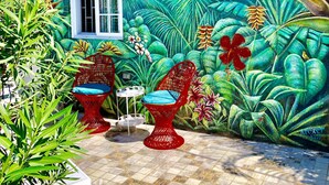 A mural of a tropical garden on a building wall, a white door, and a tiled patio area with two red chairs and a small table.