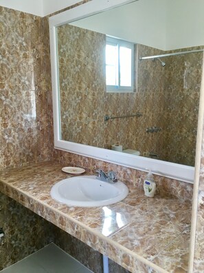 Hair dryer, towels, soap, toilet paper