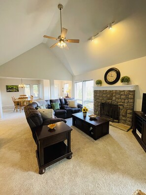 TV, fireplace, foosball, table tennis