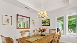 A dining room with a wooden table, chairs, a chandelier, and artwork on the walls. - Walk to Ski Lodge..Mountain Views..Includes Ski Lodge Locker (Sugar Mountain)