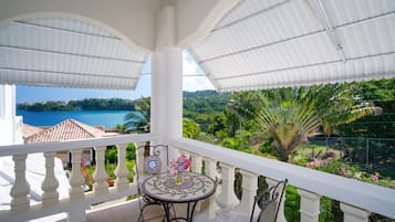 Un balcon donnant sur un jardin luxuriant et un plan d’eau.