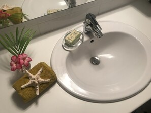 Hair dryer, towels, soap, shampoo