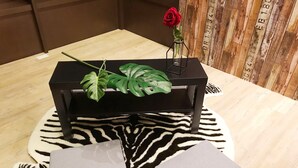 A black table with a zebra print rug, two grey cushions, a green monstera plant, and a red rose in a glass vase. - Freestyle A Sun Yat-san Memorial Hall (Taipei)