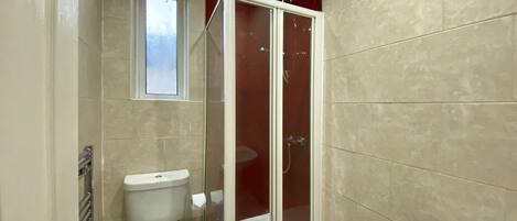 A bathroom with a toilet, a glass-enclosed shower, and a sink.