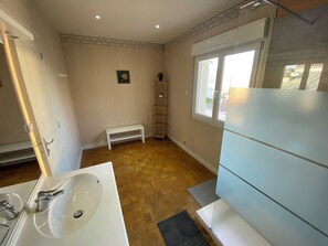 Combined shower/tub, hair dryer