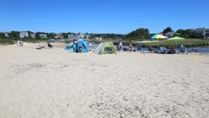 A beach with tents and beach chairs, a river in the background, and houses across the water. - Walk to Beach Central AC WiFi Beach Pearl (Chatham)