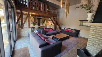 TV, fireplace, table tennis, books